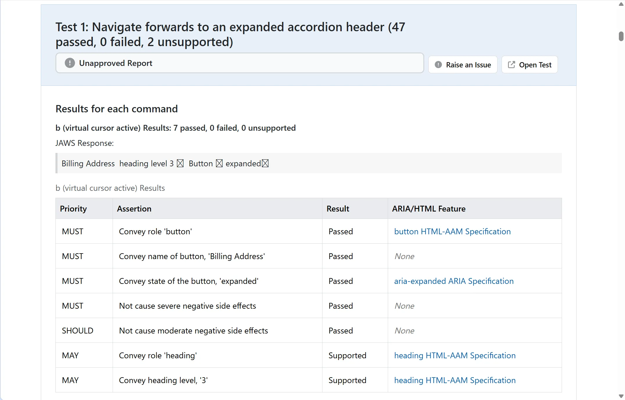 ARIA-ATの自動テスト結果レポート。JAWSで「Navigate forwards to an expanded accordion header」のテストをしたときの各挙動に対してPassedかどうかが記載されている。