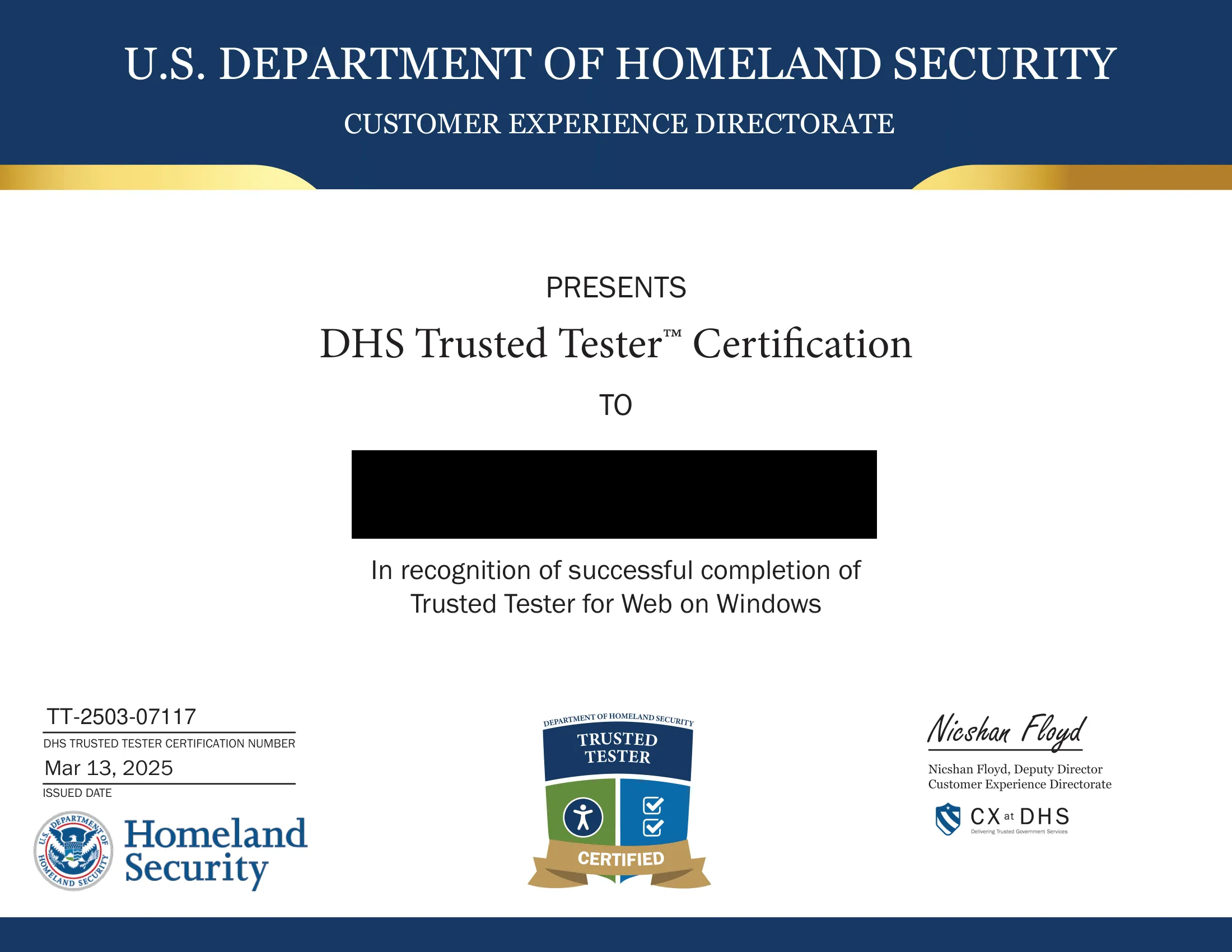 Trusted Testerの認定証。2025年3月13日に合格したことや、Trusted tester IDがTT-2503-07117であることなどが書かれている。