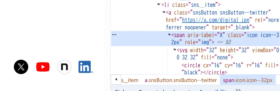 デジタル庁の公式サイトの SNS アイコンと、その部分のマークアップのスクリーンショット。aria-label="X" という指定が、<a> 要素と <svg> 要素の間に <span> 要素で挟まれている。